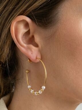 Beaded Faux Pearl Gold Plated Hoop Earrings Minimalist Boho Chic